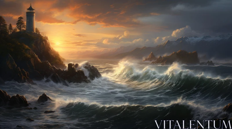 Sunset Over Ocean: Lighthouse Amidst Storm AI Image