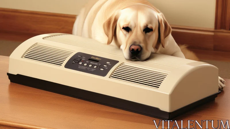 AI ART Yellow Labrador Retriever Dog with Air Purifier on Wooden Floor