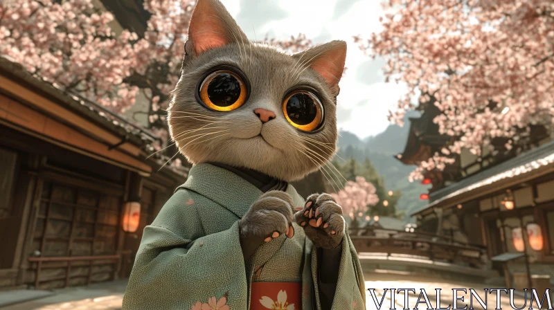 Anthropomorphic Cat in Traditional Kimono in a Springtime Japanese Setting AI Image