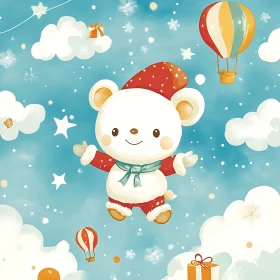 Whimsical Bear in Christmas Sky