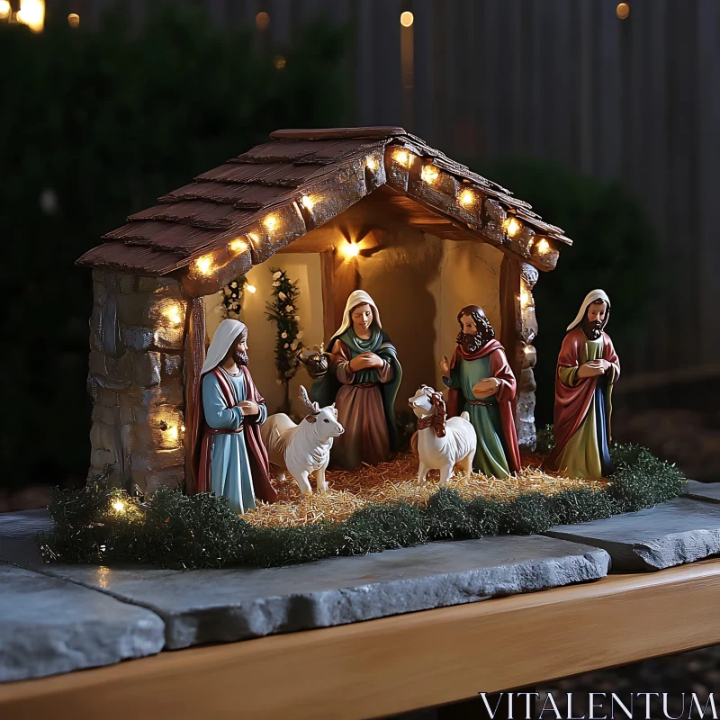 Traditional Nativity Figurines in a Manger Setting AI Image