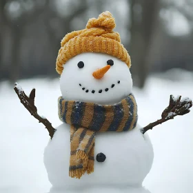 Smiling Snowman with Carrot Nose in Snowy Scenery