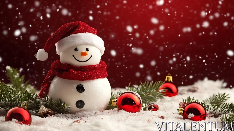 Snowman with Red Santa Hat and Scarf in Snowy Christmas Setting AI Image