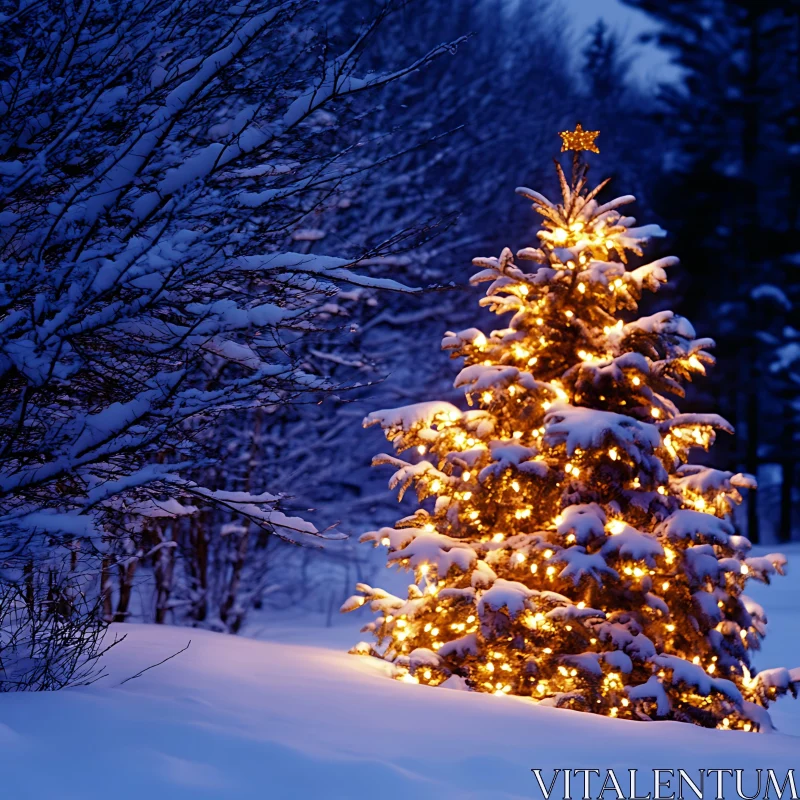 Snow-Covered Christmas Tree with Glowing Lights AI Image