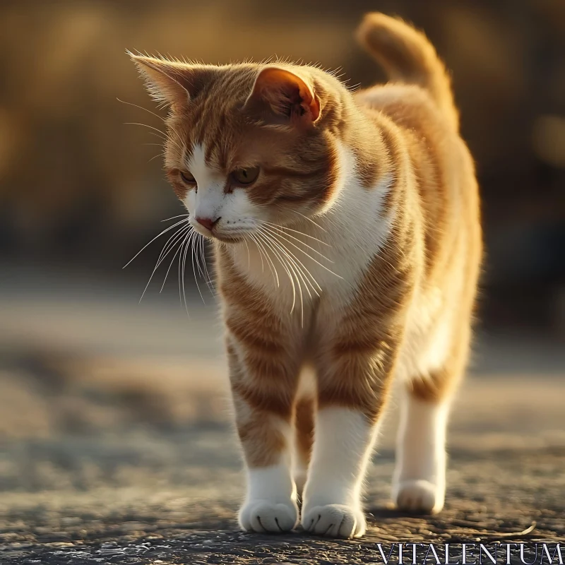 Sunlit Orange and White Cat Strolling AI Image