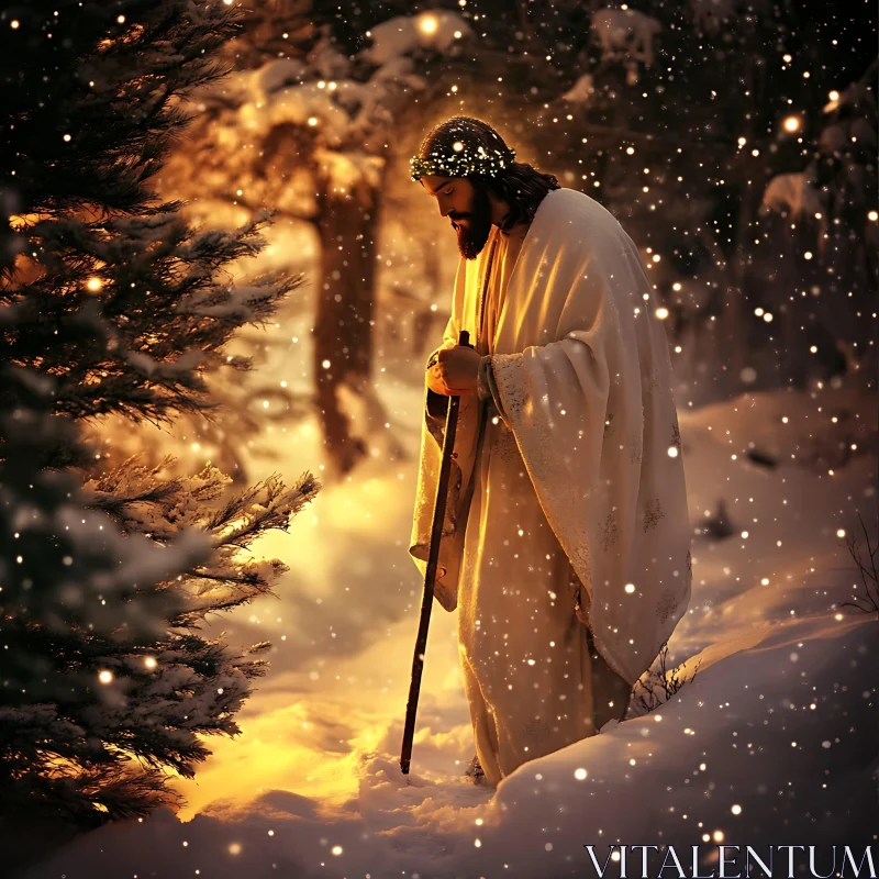 Peaceful Snowfall with Man in Illuminated White Robes AI Image