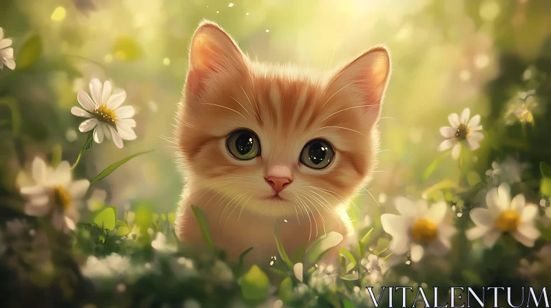 Innocent Kitten Amongst Flowers AI Image