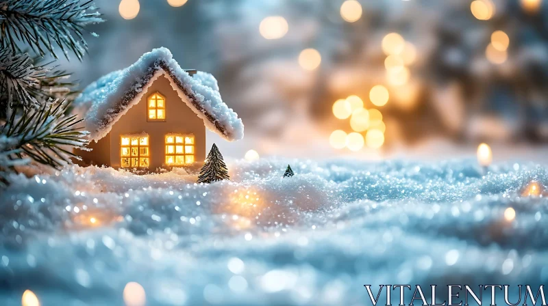 Glowing Miniature Cottage Amid Snow and Bokeh Lights AI Image