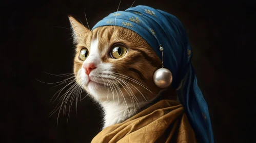 Cat with Blue Headscarf and Pearl Earring