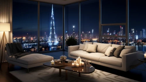 Captivating Living Room with Night Skyline View and Burj Khalifa