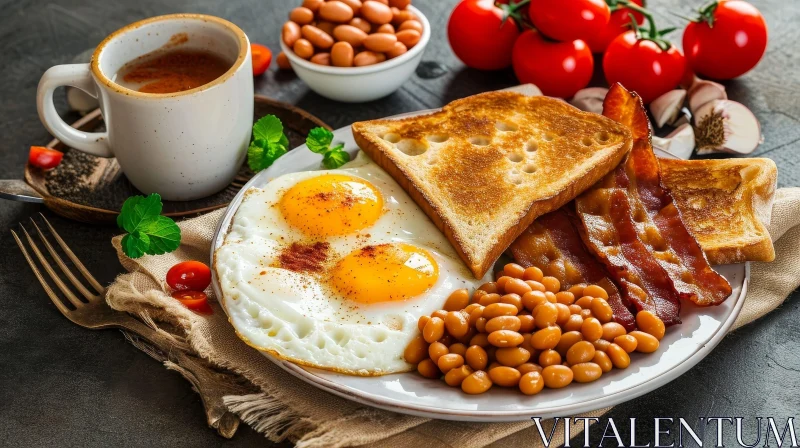 AI ART Delicious English Breakfast: Fried Eggs, Bacon, Beans, Toast, Coffee