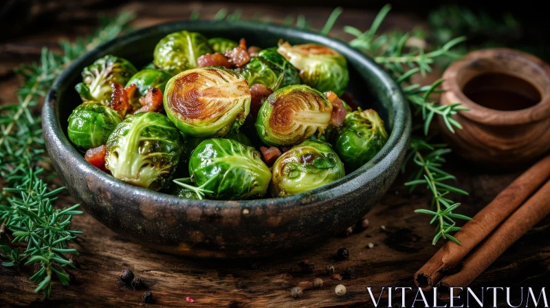 Delicious Roasted Brussels Sprouts with Crispy Bacon - Close-up Food Photography AI Image