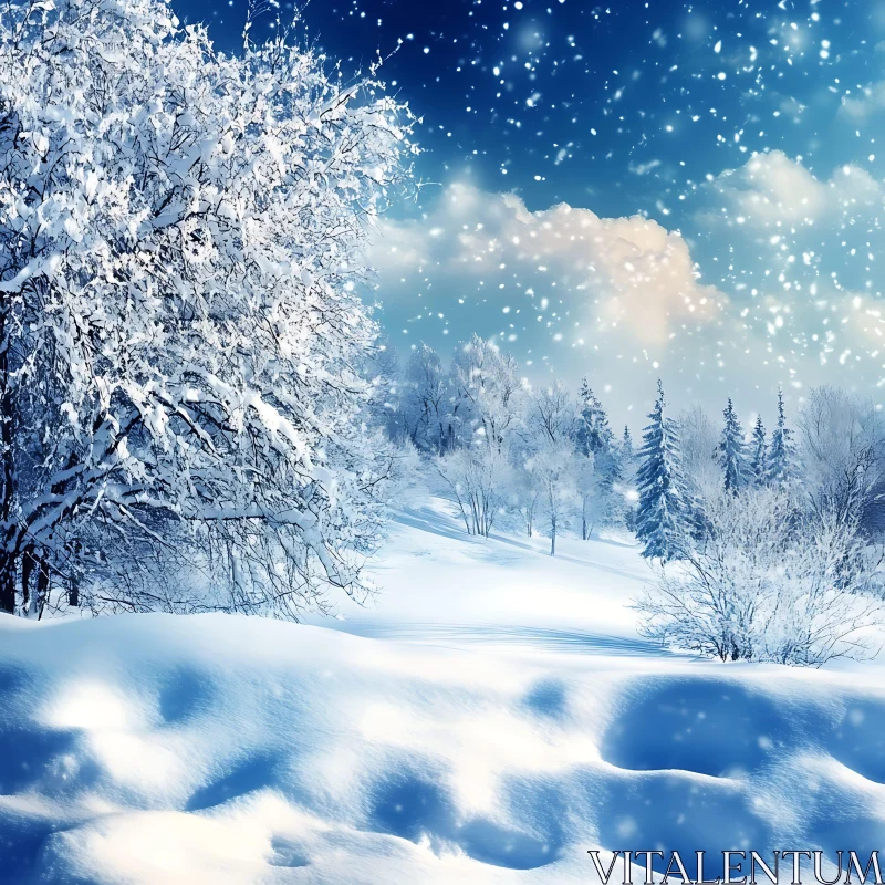 Serene Snowy Forest Landscape with Falling Snow AI Image