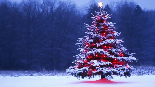 Snow-Covered Christmas Tree with Red Lights and Star