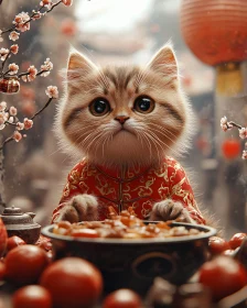 Festive Kitten Among Blossoms and Lanterns