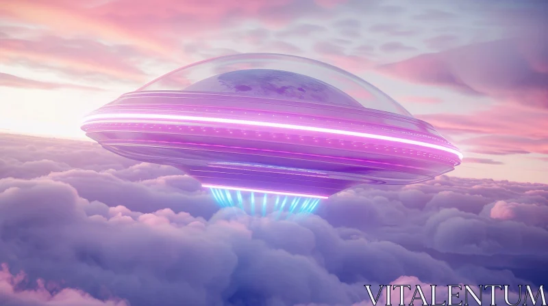 Metallic UFO 3D Rendering in Sky at Sunset AI Image