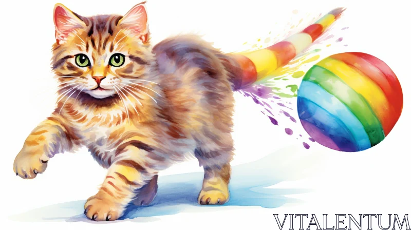 Playful Kitten Watercolor Painting with Rainbow Ball AI Image