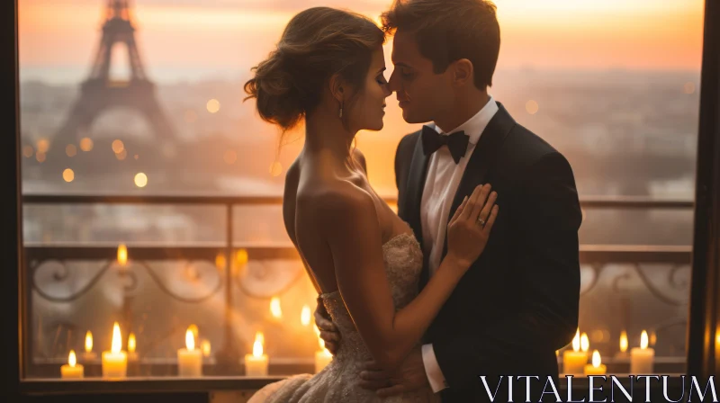 Romantic Sunset Embrace of Newlyweds in Paris AI Image