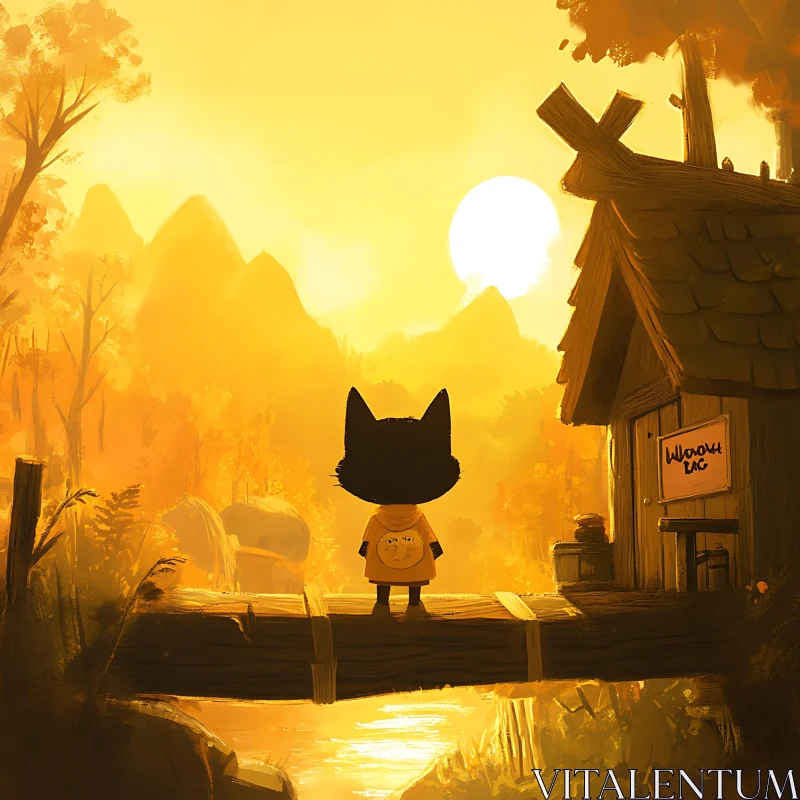 Surreal Illustration of Cat in Forrest during Sunset AI Image