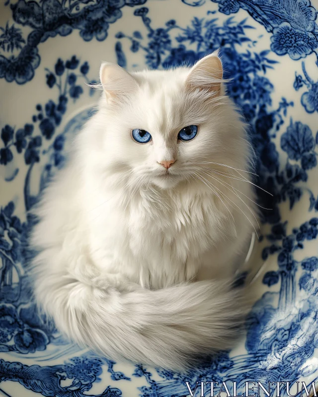 AI ART White Fluffy Cat with Blue Eyes in Patterned Ceramic Bowl