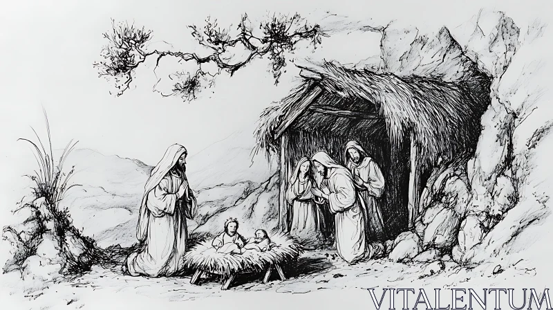 AI ART Monochrome Nativity Scene