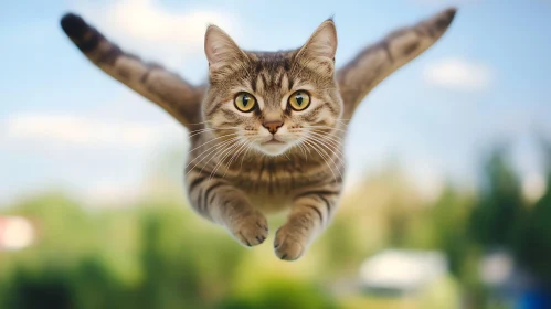 Flying Tabby Cat in Action