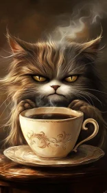 Steaming Coffee Cup with Intense Cat Gaze