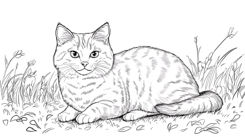 Black and White Line Art of a Cat in Nature