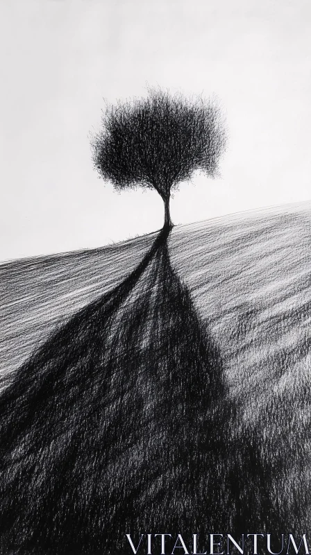 AI ART Solitary Tree Casting Shadow in Minimalistic Landscape