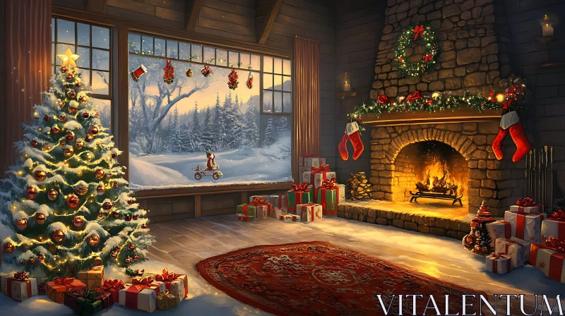 AI ART Festive Christmas Tree and Fireplace Setting