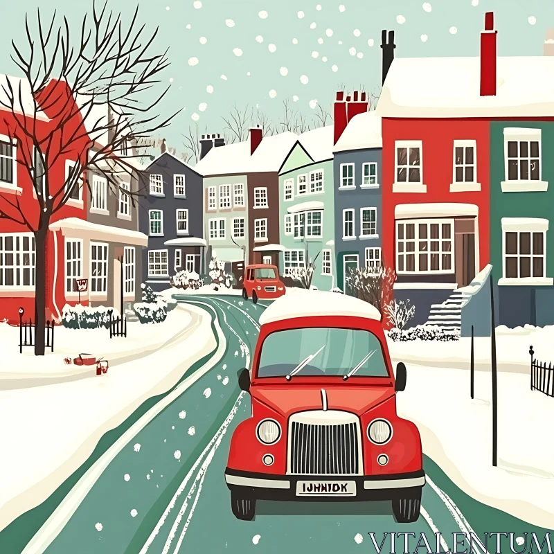 AI ART Snow-Covered Village Street with Red Vintage Car