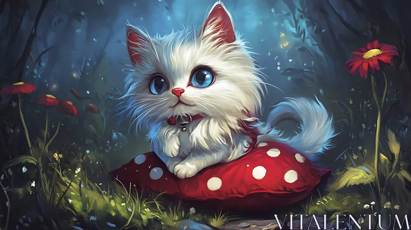 Magical Forest Kitten on Red Polka Dot Pillow AI Image