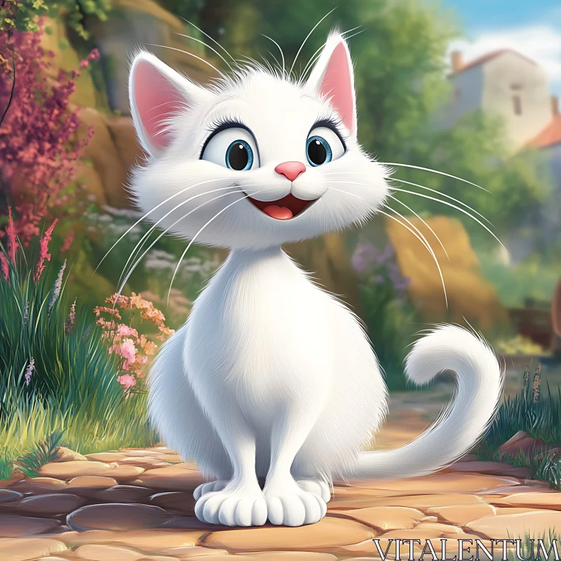 Cute White Cartoon Cat in Lush Garden AI Image