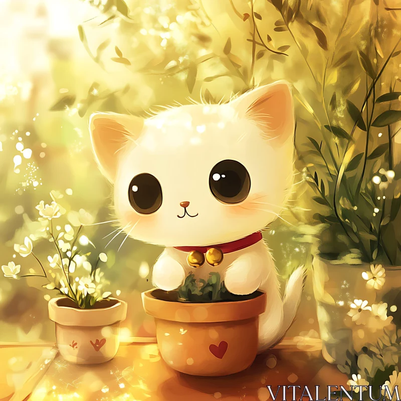 Charming White Kitten with Flower Pots AI Image