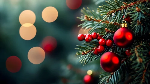 Festive Pine Branches with Red Ornaments