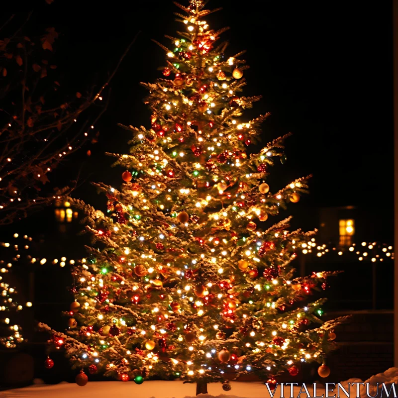 Festive Christmas Tree Adorned With Lights and Ornaments AI Image