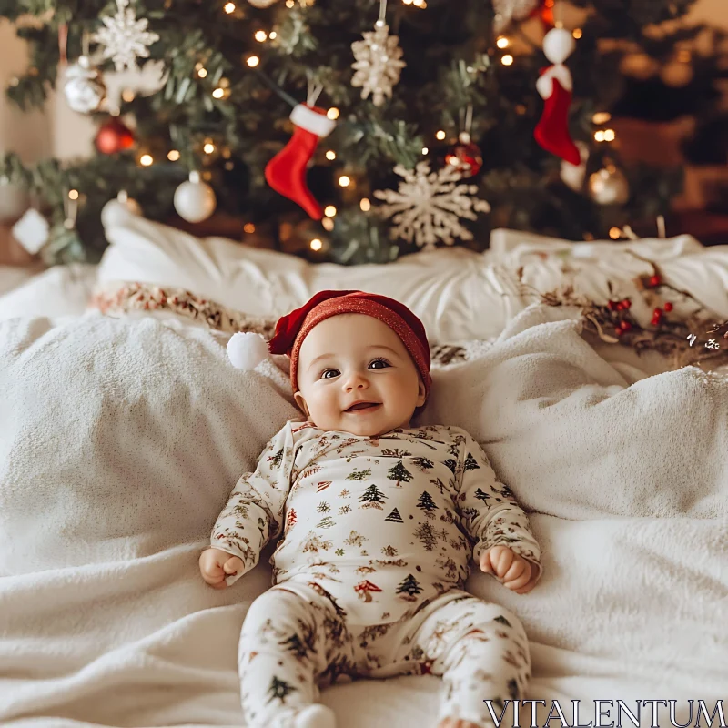 Cute Infant in Santa Hat and Holiday Decorations AI Image