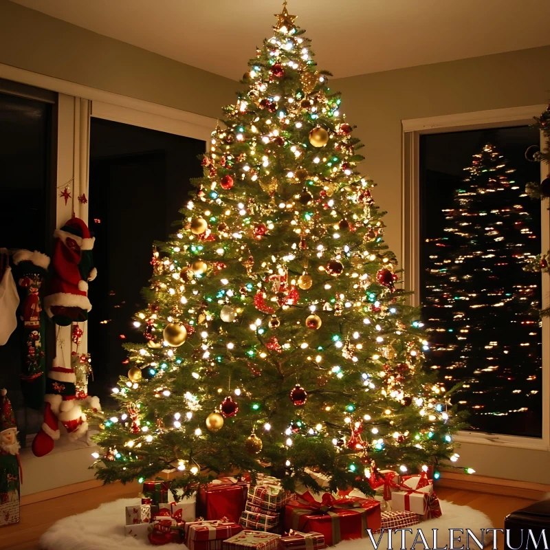 Festive Christmas Tree with Ornaments and Presents AI Image