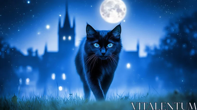 Mystical Moonlit Cat and Castle AI Image