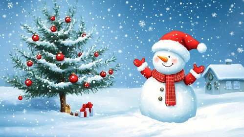 Festive Snowman and Christmas Tree in Snowy Landscape