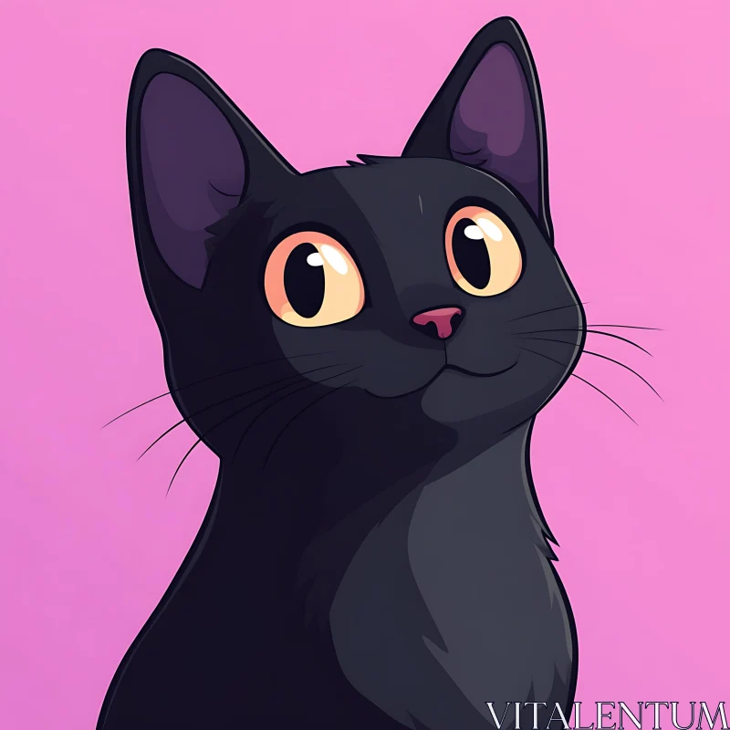 Adorable Illustration of Black Cat with Expressive Eyes AI Image