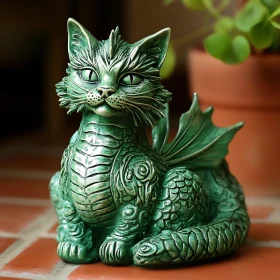 Intricately Detailed Green Cat-Dragon Statue