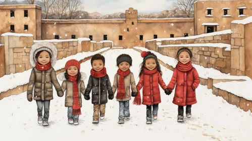 Captivating Snowy Scene: Children Holding Hands in Culturally Diverse Digital Painting