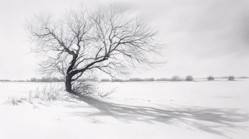 Lonely Tree Pencil Drawing in Winter Landscape