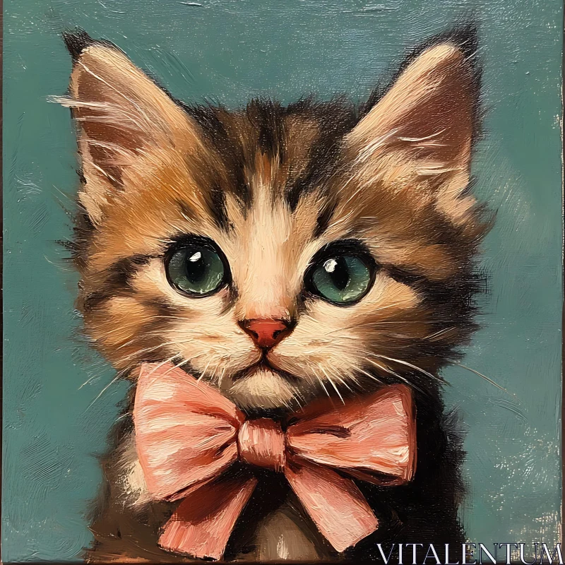 Cute Kitten Art with Pink Bow AI Image