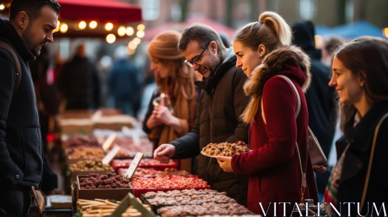 AI ART Outdoor Market: People Shopping for Food in a Festive Atmosphere