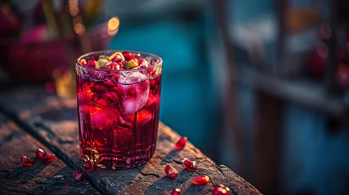 Savor the Tranquility: Glass of Pomegranate Juice on Wooden Table