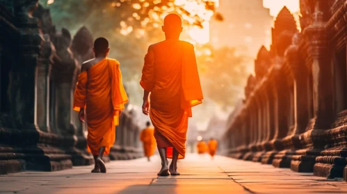 Serene Sunset Walk: Capturing the Tranquility of Buddhist Monks