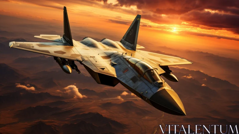 Sleek Fighter Jet Soaring Above Mountains at Sunset AI Image