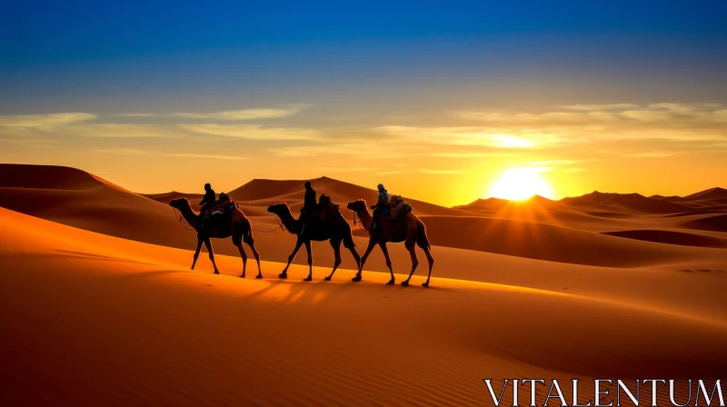 Stunning Sunset in the Sahara: Captivating Camels and Vibrant Landscapes AI Image